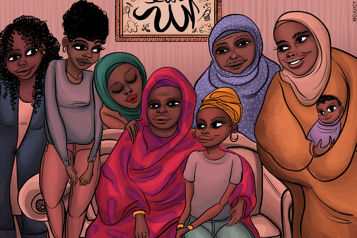 Illustration of a Black Muslim Somali family. An elder matriarch wearing a red and purple dress and hijab sits on a couch. She is lovingly surrounded by six smiling daughters and granddaughters who wear various types of Somali and American clothing.