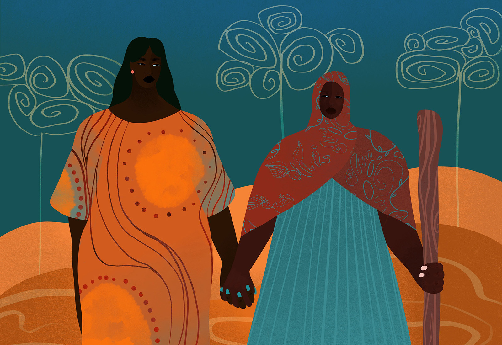 Illustration of two dark skinned Black women holding hands. One is wearing a headscarf and green dress and carrying a staff. The other has long black hair, blue nails and an orange dress. In the background is an abstract landscape of orange hills and trees.