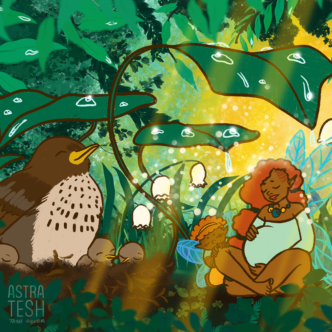 A Black fairy rests in a forest setting, sheltered by plants and holding her pregnant belly. Her child sleeps next to her. A bird and a mouse sit on either side of her with their babies, also sleeping. Raindrops sit on some of the leaves while sunlight peaks though, causing the scene to glow.