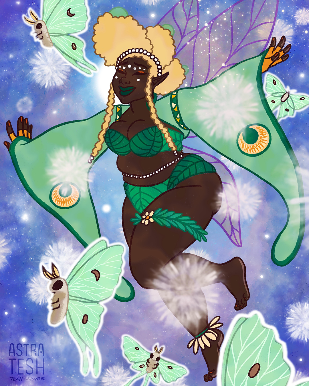 Illustration of a Black fairy with Afro textured blonde hair. She is wearing a light green, long sleeved jacket that looks like moth wings. She is surrounded by glowing Luna moths. They are flying at night by the light of the moon surrounded by stars.